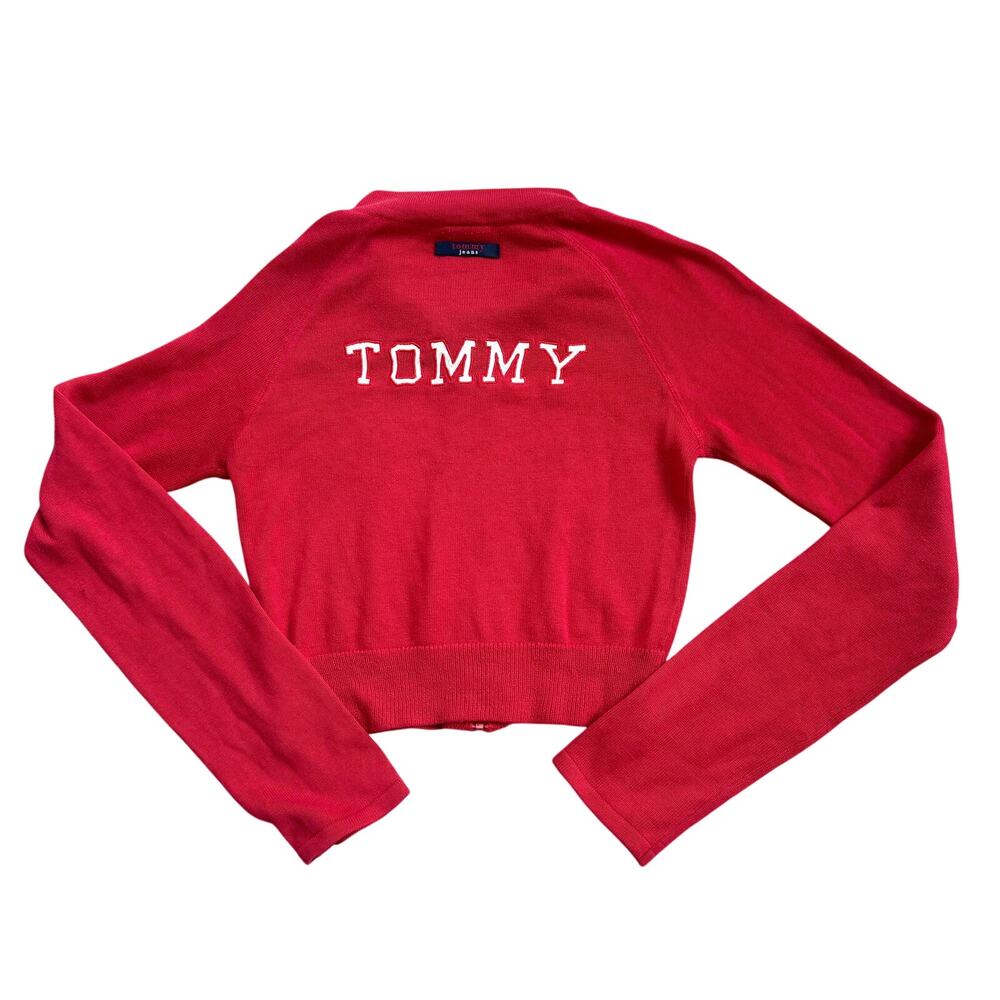 VTG 90s Y2k Tommy Jeans Crop Zip Up Size XS Long Sleeve Red Tommy Hilfiger
